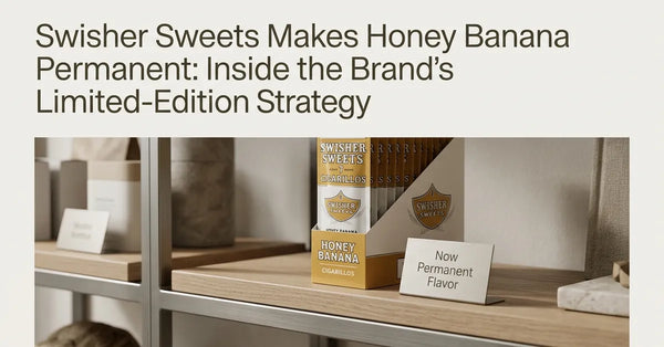 Swisher Sweets Honey Banana cigarillo packaging on a retail display shelf.