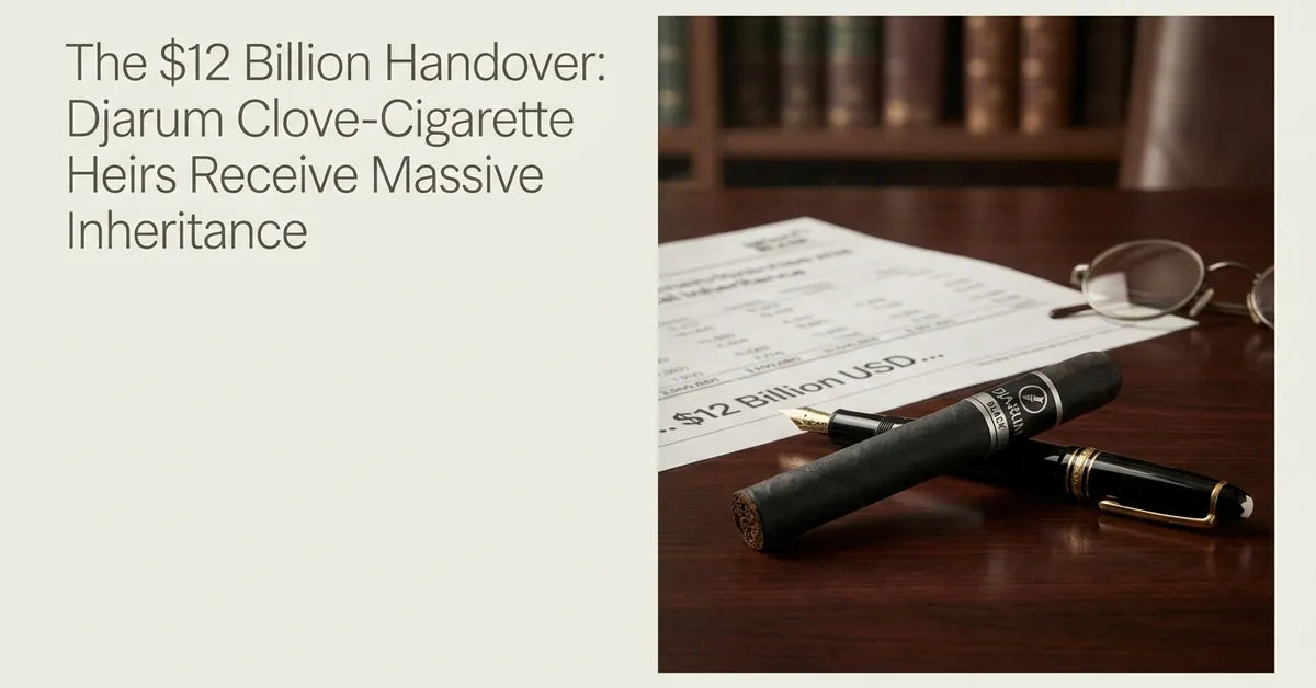 A Djarum Black filtered cigar and a gold pen on a luxury desk, symbolizing the Djarum Group inheritance.