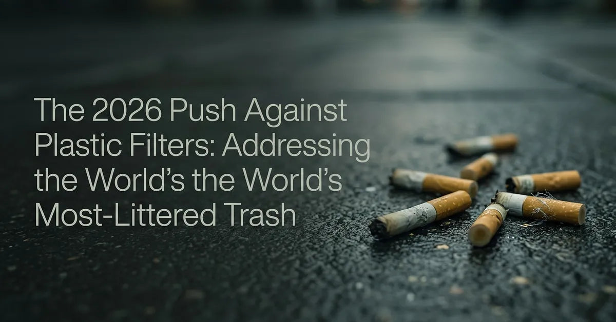 Close-up of discarded cigarette butts on a city sidewalk illustrating plastic pollution.