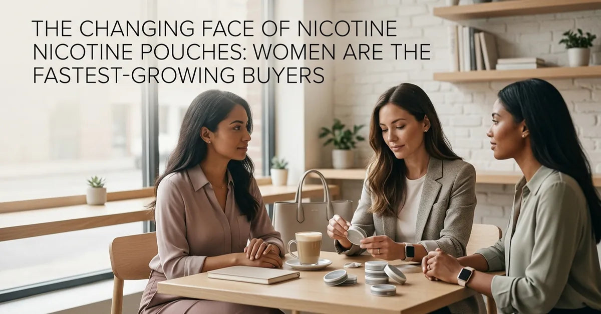 Professional women in a modern cafe setting, representing the changing demographics of nicotine pouch consumers.