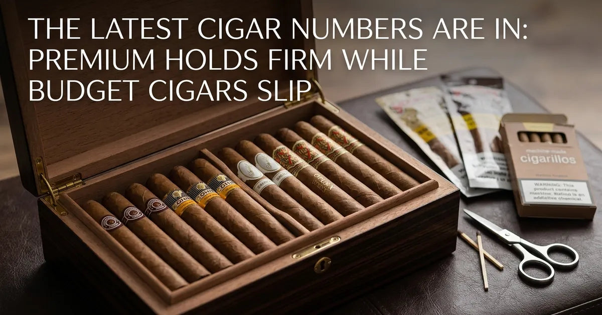 A comparison of premium handmade cigars in a humidor and mass-market cigarillo packs on a wooden surface.