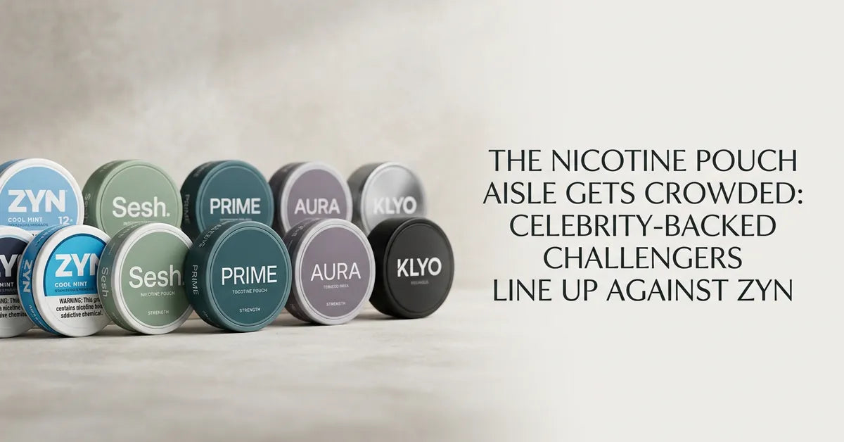 A variety of nicotine pouch containers on a retail shelf, highlighting the growing competition in the market.