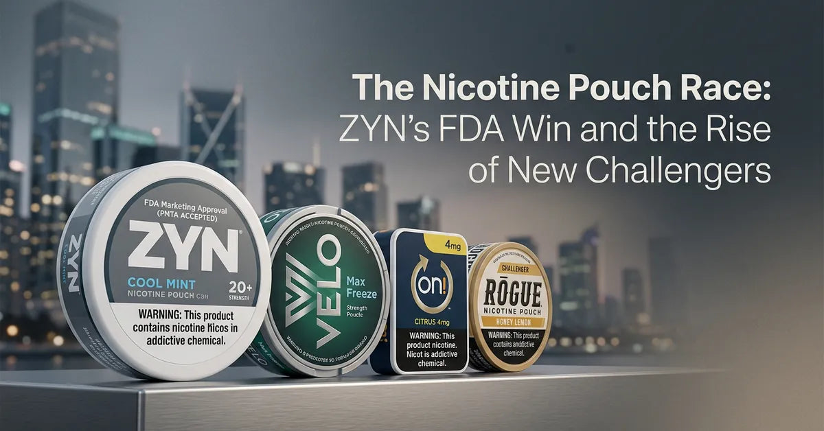 Various nicotine pouch containers displayed on a reflective surface representing the growing U.S. market.