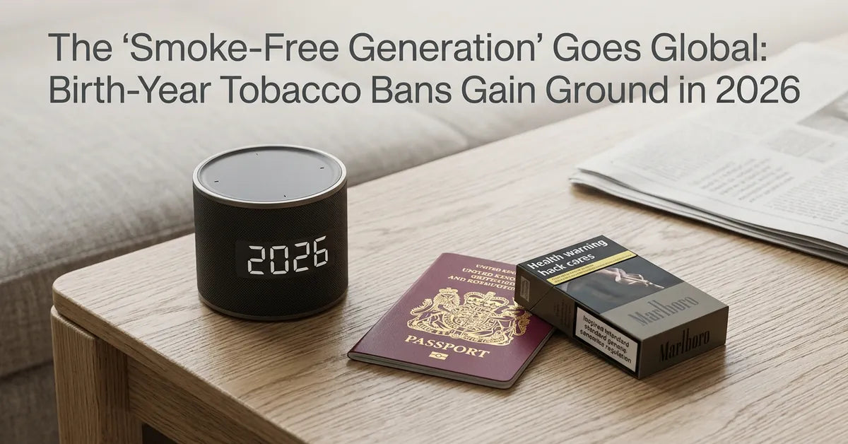 A conceptual image representing tobacco age laws with a 2026 clock and identification documents.