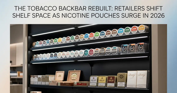 A diverse retail tobacco display featuring nicotine pouches and cigars behind a store counter.