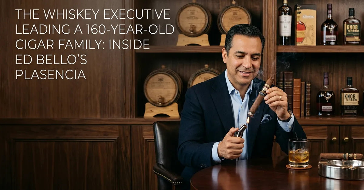 Executive in a luxury cigar lounge representing the intersection of premium tobacco and spirits branding.