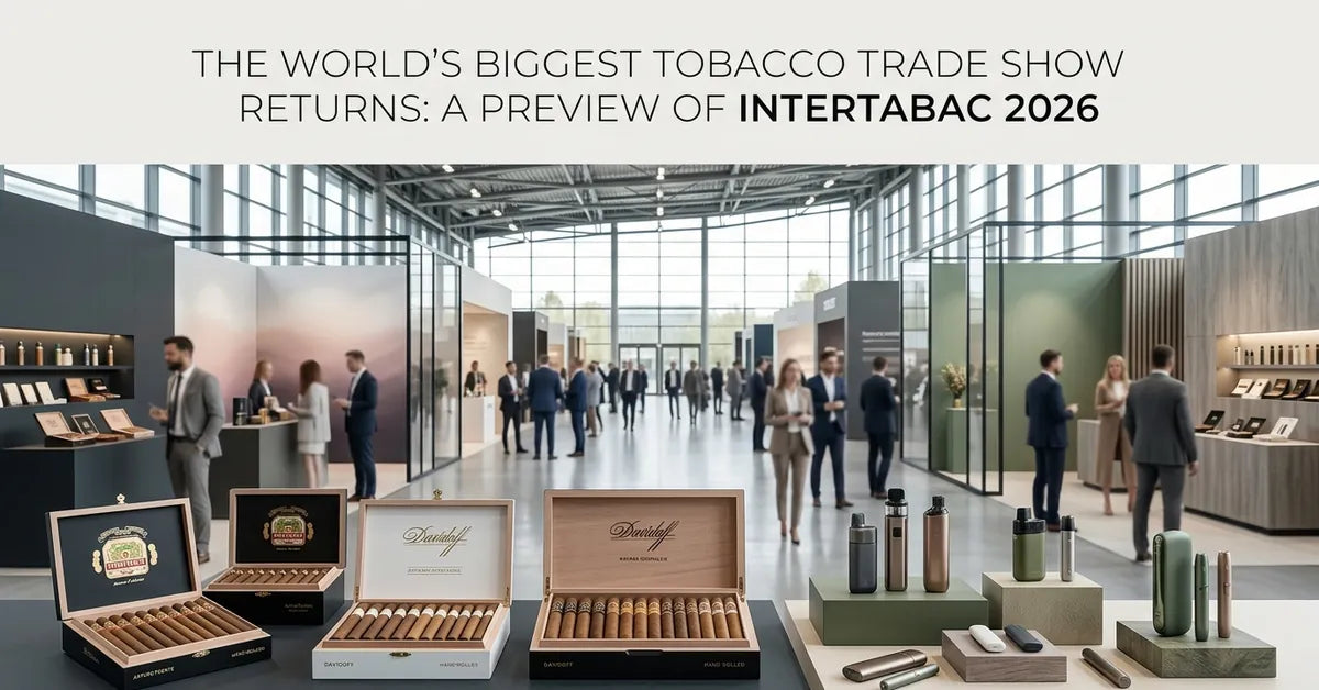 The bustling exhibition floor of InterTabac in Dortmund, featuring global tobacco and nicotine product displays.