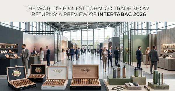 The bustling exhibition floor of InterTabac in Dortmund, featuring global tobacco and nicotine product displays.