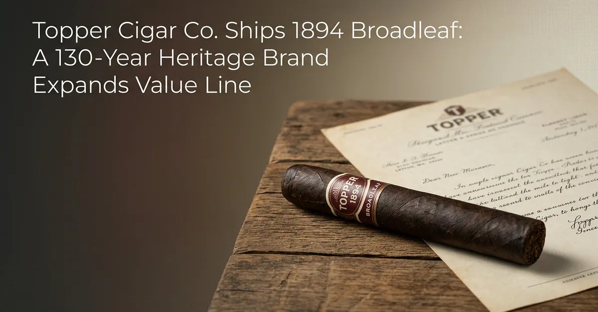 A dark Topper 1894 Broadleaf cigar resting on a wooden surface with vintage documents in the background.