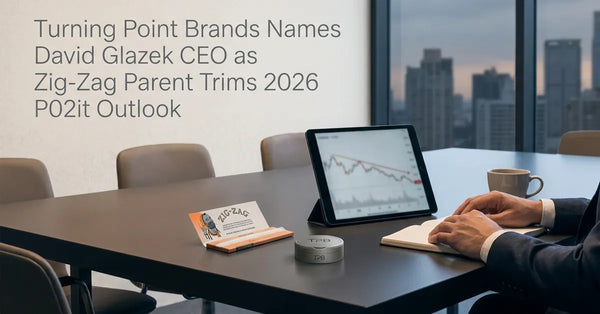 A corporate boardroom setting symbolizing the leadership change at Turning Point Brands, parent company of Zig-Zag.