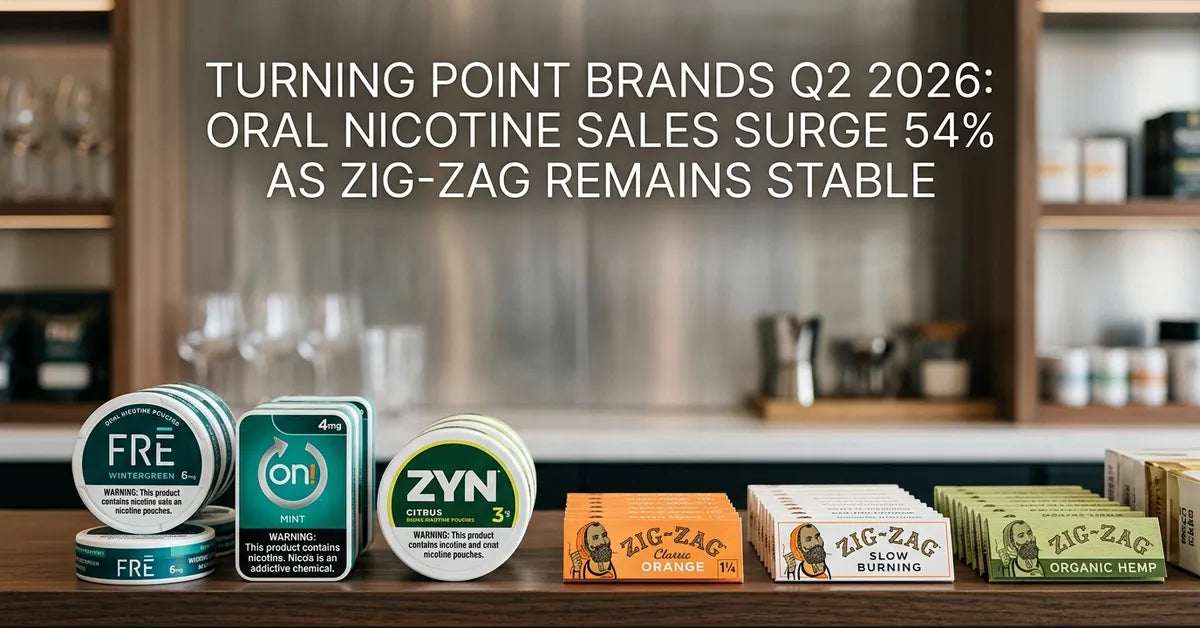 A retail display featuring various nicotine pouches and rolling papers, representing the shifting tobacco market.