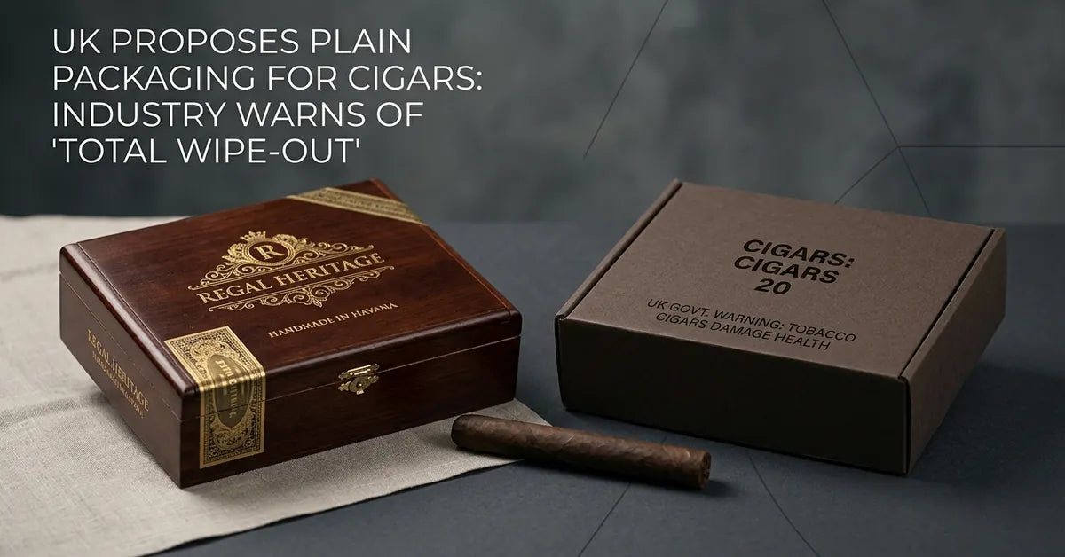A comparison between a traditional ornate cigar box and a proposed plain brown standardized tobacco box.