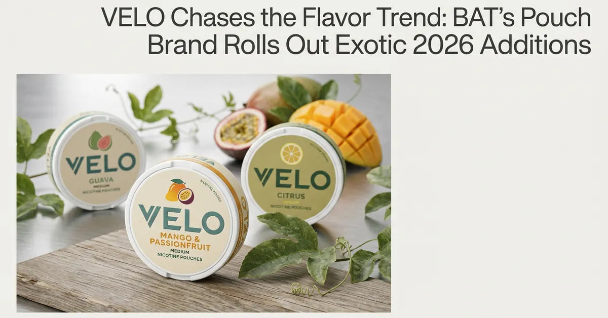 VELO nicotine pouch cans surrounded by tropical fruits representing new 2026 flavors.