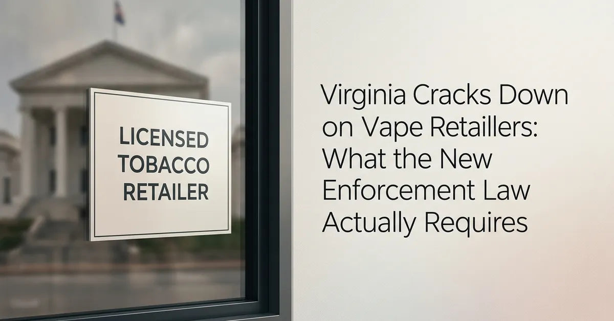 A Virginia retail storefront with a focus on tobacco licensing and state regulation symbols.