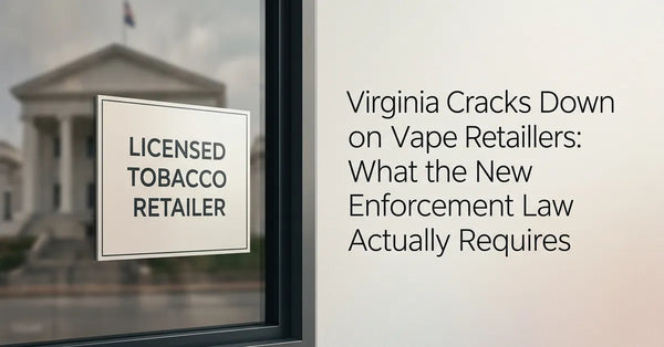 A Virginia retail storefront with a focus on tobacco licensing and state regulation symbols.