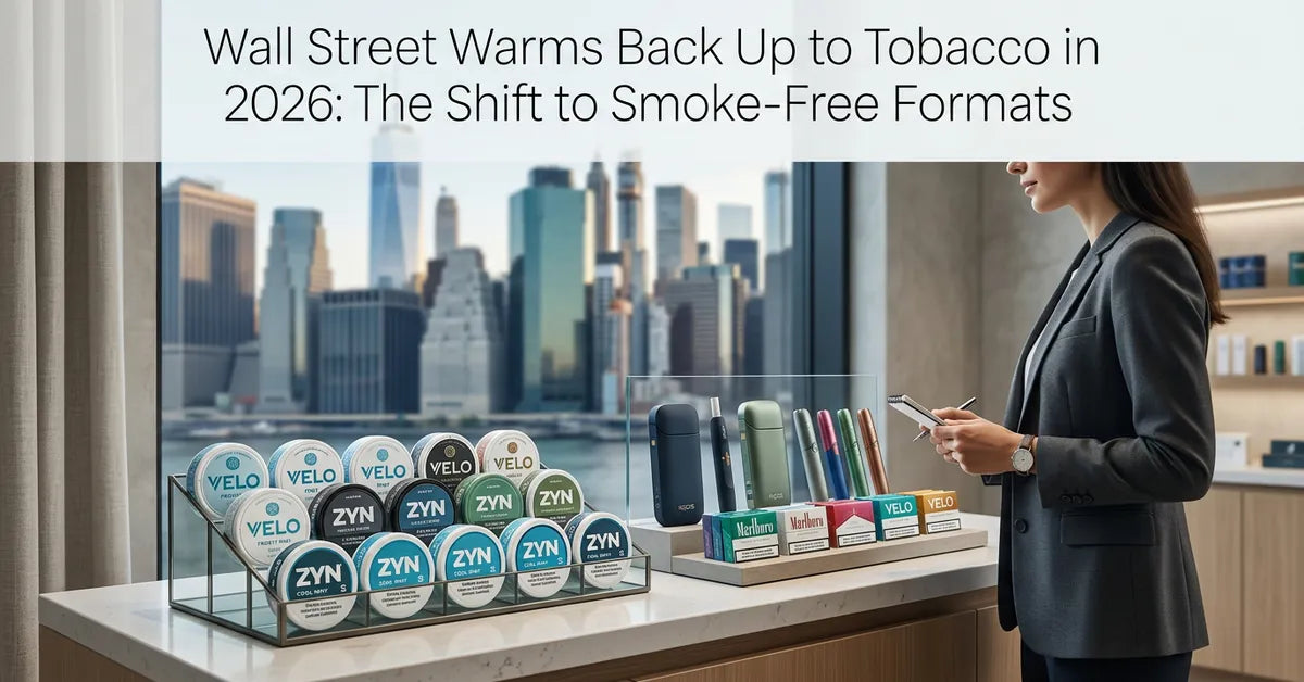 Modern tobacco shop window reflecting a financial district skyline, representing tobacco industry market growth.