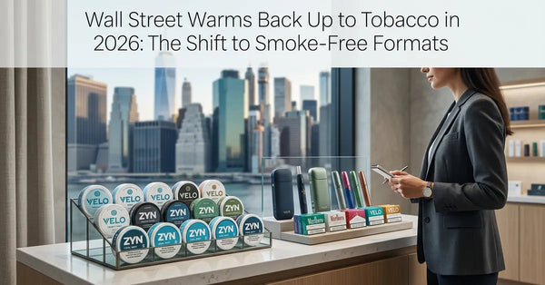 Modern tobacco shop window reflecting a financial district skyline, representing tobacco industry market growth.