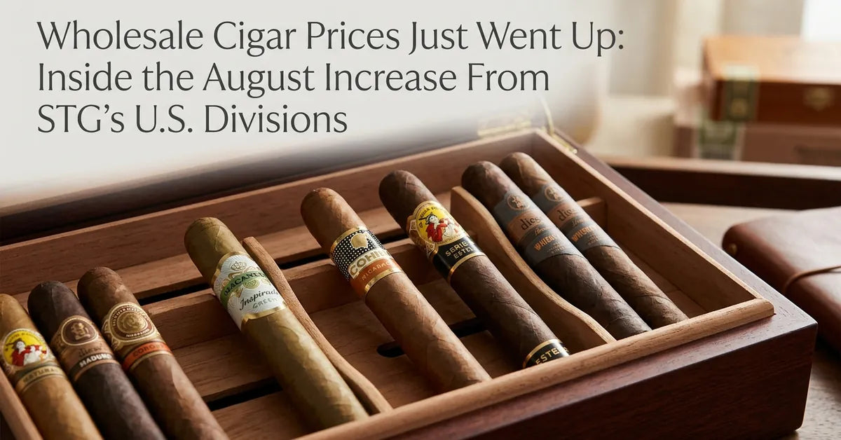Close-up of premium cigars in a humidor representing wholesale price changes in the tobacco industry.