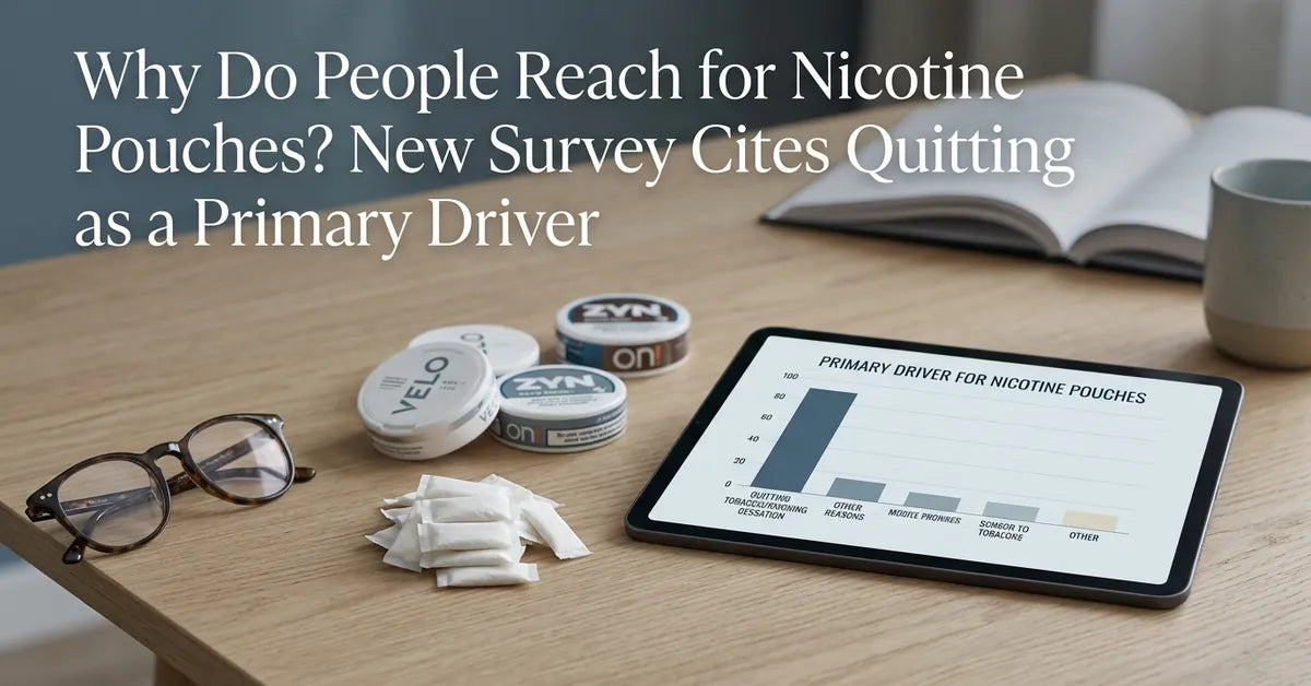 Nicotine pouches on a desk with reading glasses and a tablet showing data charts.