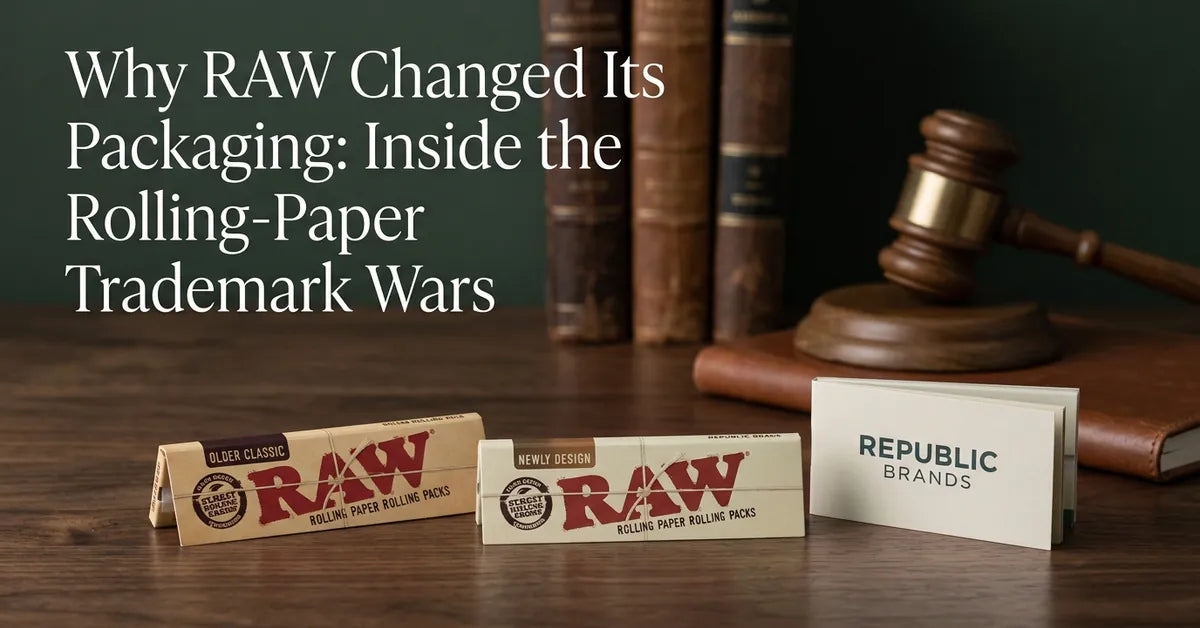 Rolling paper packaging and a wooden gavel representing the legal battle between RAW and Republic Brands.