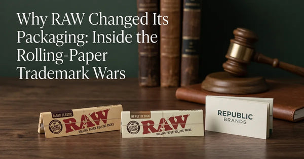 Rolling paper packaging and a wooden gavel representing the legal battle between RAW and Republic Brands.