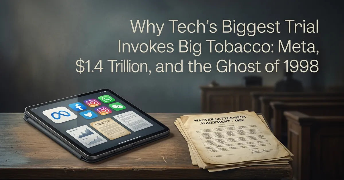 Conceptual image representing the legal parallels between the 1998 Tobacco Master Settlement and current Meta litigation.