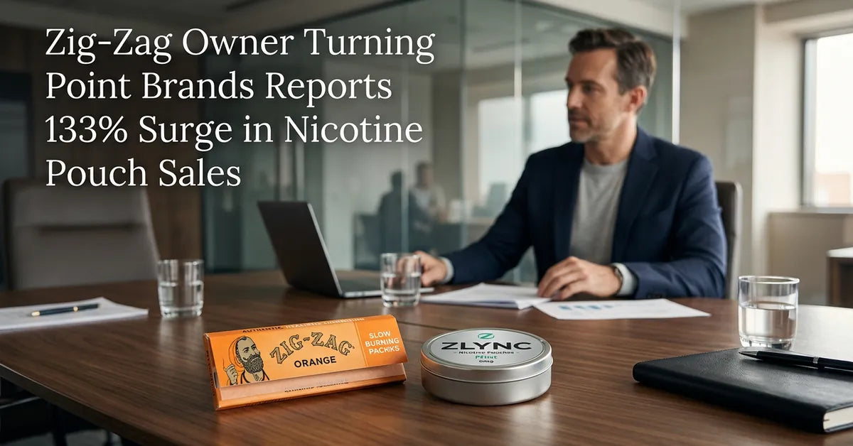 Zig-Zag rolling papers and a nicotine pouch tin on a wooden table representing the company's shift in focus.