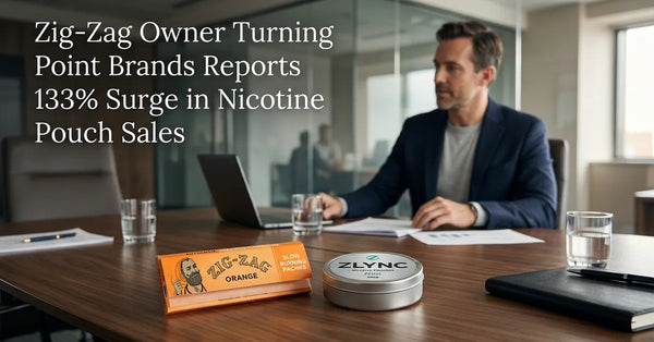 Zig-Zag rolling papers and a nicotine pouch tin on a wooden table representing the company's shift in focus.