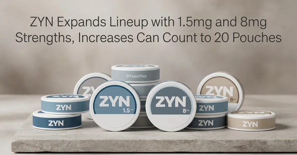 A collection of ZYN nicotine pouch cans showing various strengths and flavors, representing the new 20-count packaging.