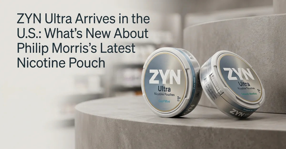 Modern nicotine pouch cans displayed on a clean retail shelf.