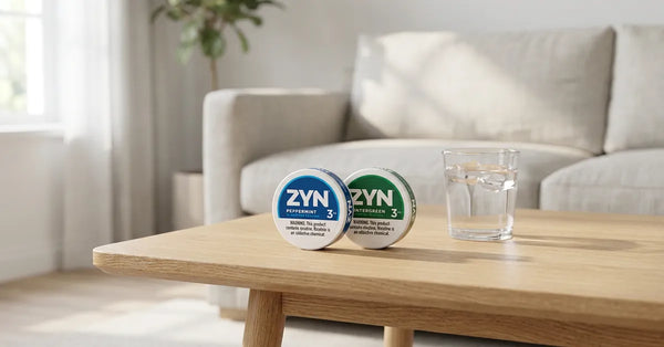 A can of ZYN Wintergreen and ZYN Peppermint nicotine pouches on a wooden table.