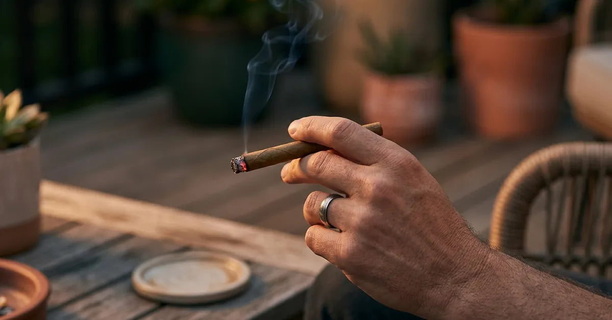 A person holding a lit Swisher Sweet cigarillo with a glowing cherry and rising smoke.
