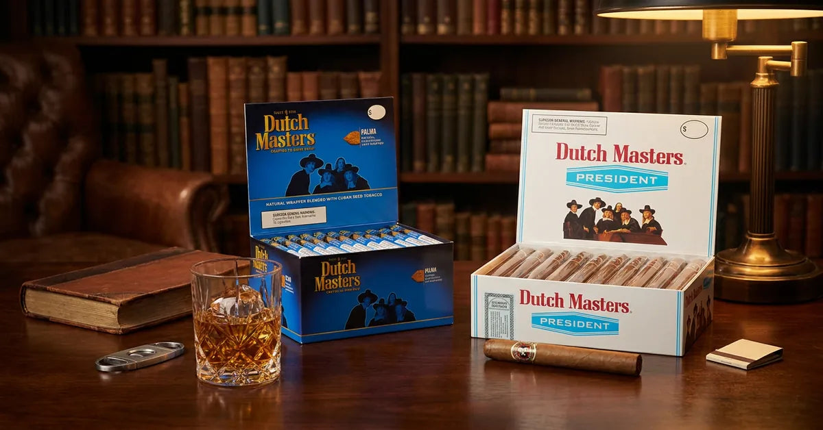 A box of Dutch Masters Palma cigars and a President cigar on a wooden table with a drink.