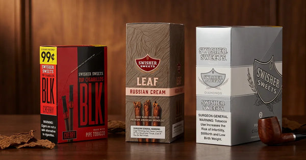 Swisher Sweets Diamond, BLK, and Leaf boxes displayed together on a wooden table.