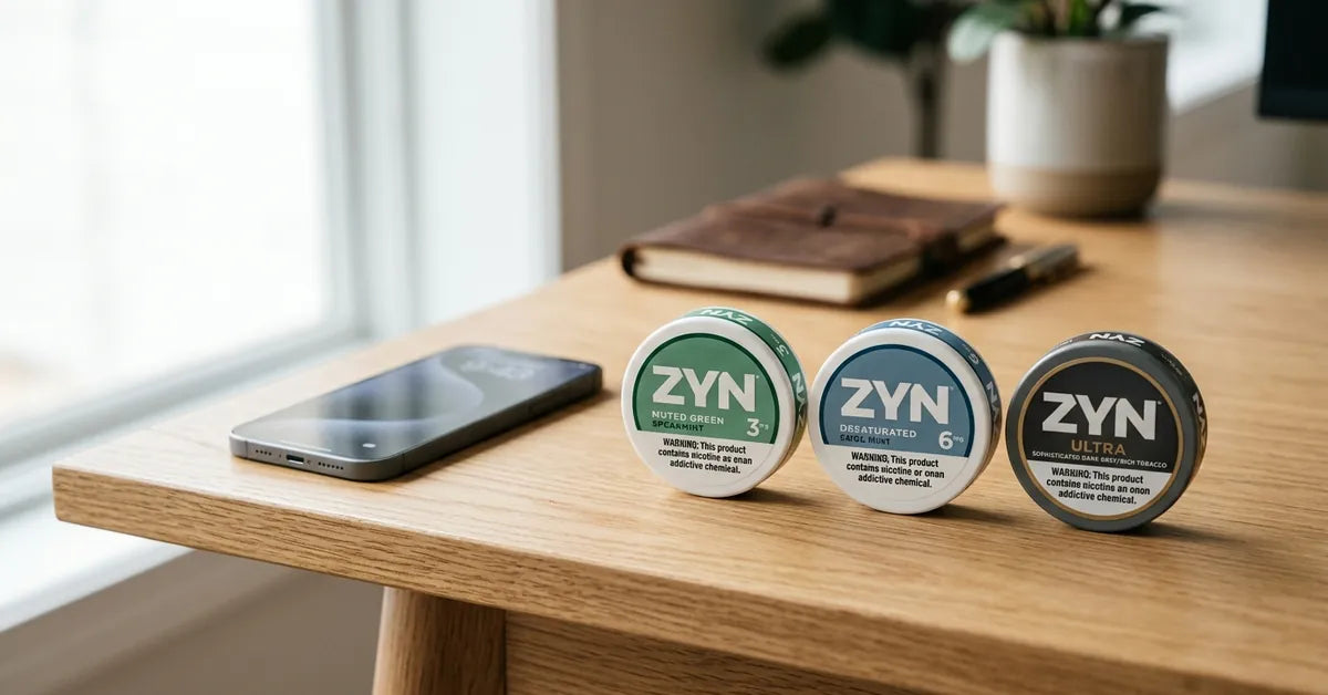 Three different ZYN nicotine pouch cans showing various strengths on a wooden surface.