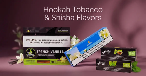Fumari French Vanilla and Serbetli shisha packs with vanilla flowers and fresh mint leaves