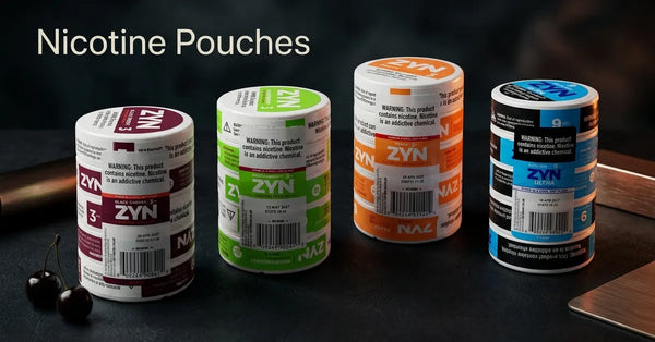 Four cans of ZYN nicotine pouches in different flavors and strengths lined up on a table