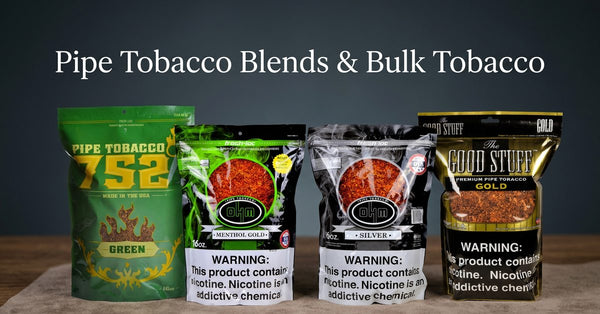 16oz bags of 752 Green, OHM Menthol Gold, OHM Silver and Good Stuff Gold pipe tobacco