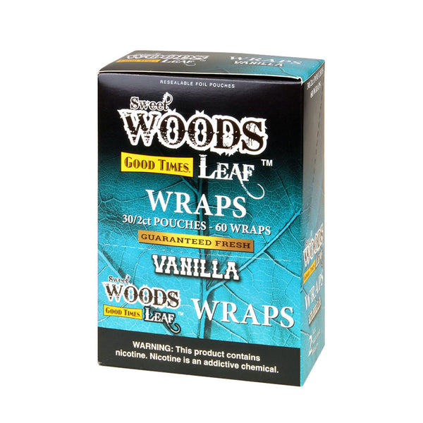 Good Times Sweet Woods Leaf Wrap Vanilla 30 Pouch Display Box and Individual 2-Pack Foil Pouches