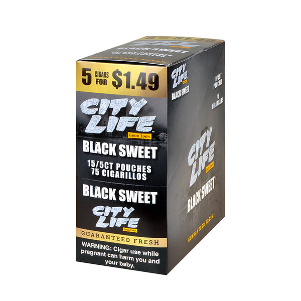 City Life Cigarillos Black Sweet 15 Packs of 5 Box Display and Individual Foil Pouches
