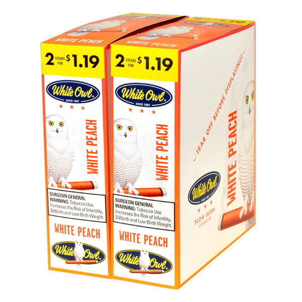 White Owl White Peach Cigarillos 30 Packs of 2 Bulk Box Front View