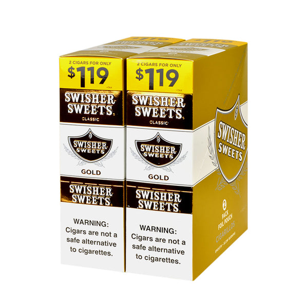 Swisher Sweets Gold Cigarillos 30 Packs of 2 Display Box and Foil Pouches showing 60 count bulk packaging