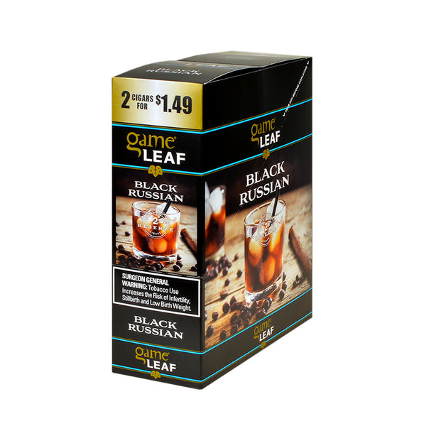 Game Leaf Black Russian Cigarillos 15 Pouches of 2 Display Box and Individual Foil Packs showing dark Sumatra leaf wrapper