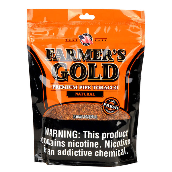 Close-up of Farmer's Gold Natural Pipe Tobacco Texture and Packaging