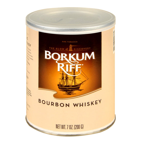 Borkum Riff Bourbon Whiskey Pipe Tobacco 7 oz. Canister Front View showing the iconic yellow and brown label