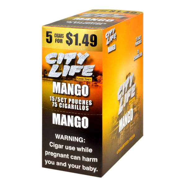 City Life Mango Cigarillos 15 Packs of 5 Display Box and Individual $1.49 Pre-Priced Foil Pouches