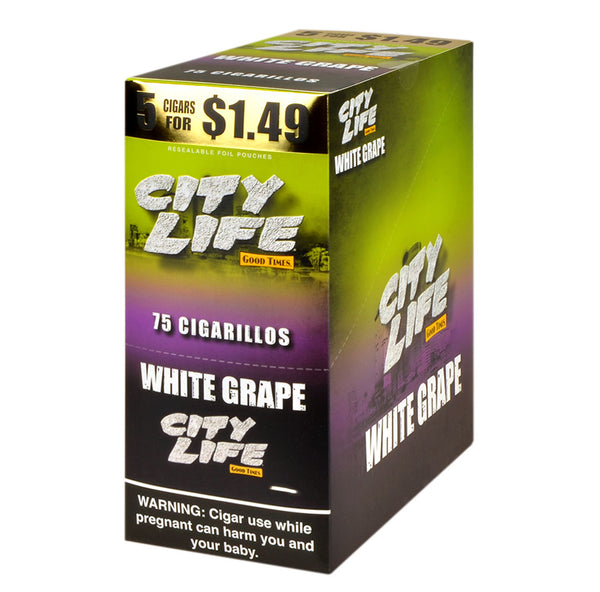City Life White Grape Cigarillos 15 Packs of 5 Box Display ($1.49 Pre-Priced) - Good Times USA