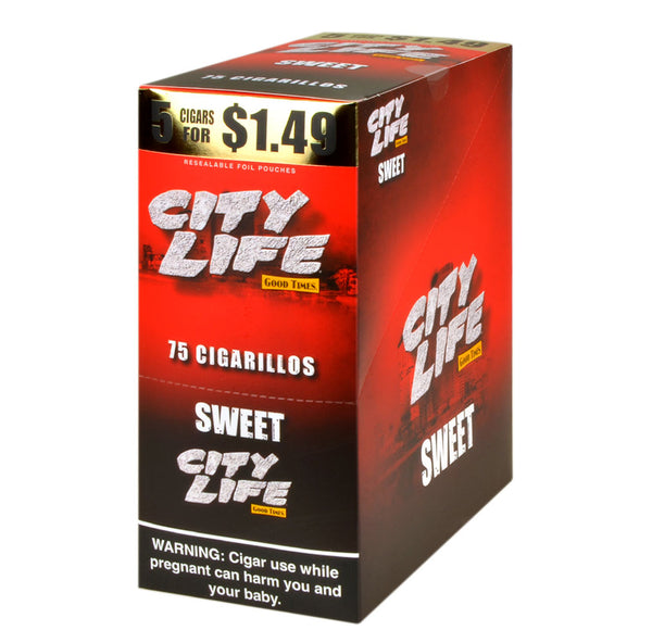 City Life Cigarillos Sweet 15 Packs of 5 Display Box and Resealable Pouches showing natural leaf tobacco branding
