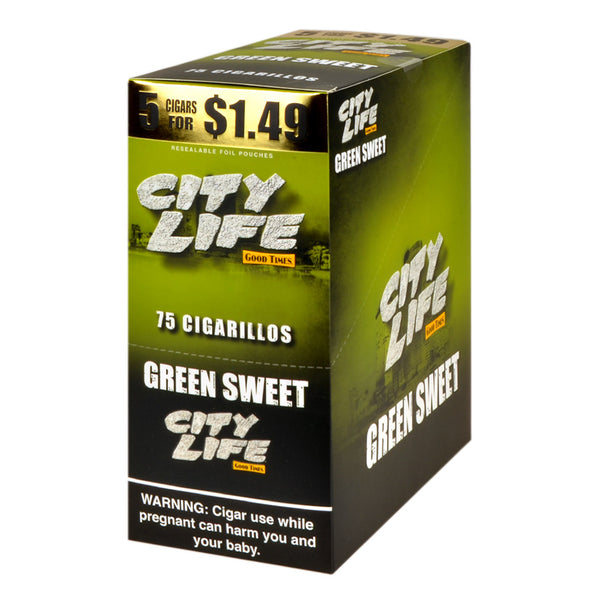 City Life Cigarillos Green Sweet 15 Packs of 5 Display Box and Individual $1.49 Pre-Priced Pouches by Good Times USA