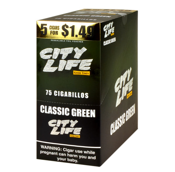 City Life Classic Green Cigarillos 15 Packs of 5 Display Box - 75 Count Bulk Natural Tobacco Leaf